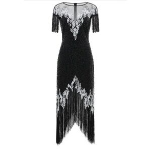 Babeyond V-Shaped Leaf Embroidery Flapper Dress